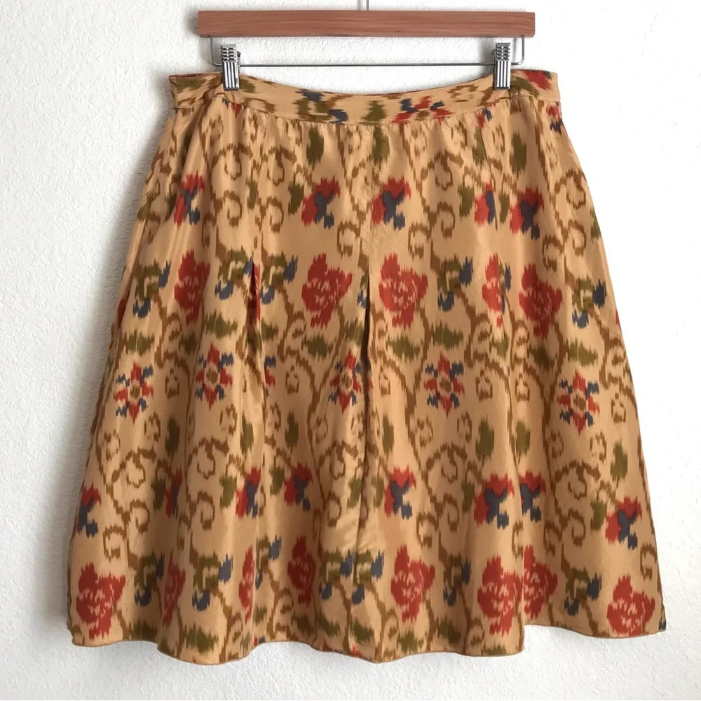 J. Jill  100% Silk  Floral Pleated A-Line Skirt Earth Tones Size 14